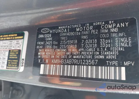 2024 Hyundai Kona Sel z USA, uszkodzony, nr VIN KM8HB3AB7RU123567